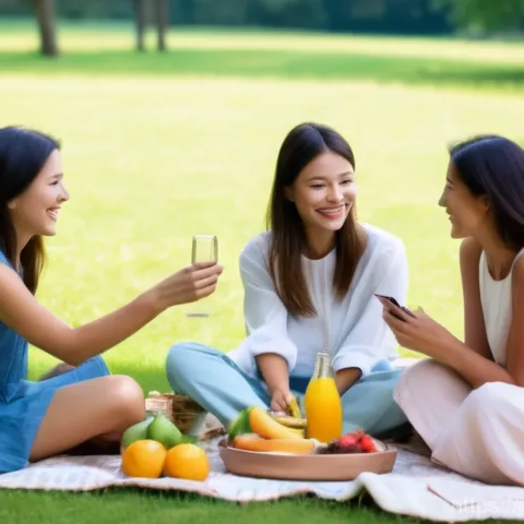 이색피크닉 배달 서비스 - **"A vibrant and stylish outdoor picnic scene, meticulously arranged in a sunny park. Three young ad...