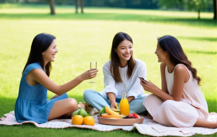 이색피크닉 배달 서비스 - **"A vibrant and stylish outdoor picnic scene, meticulously arranged in a sunny park. Three young ad...