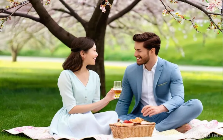 이색피크닉 배달 서비스 - **"A vibrant and stylish outdoor picnic scene, meticulously arranged in a sunny park. Three young ad...