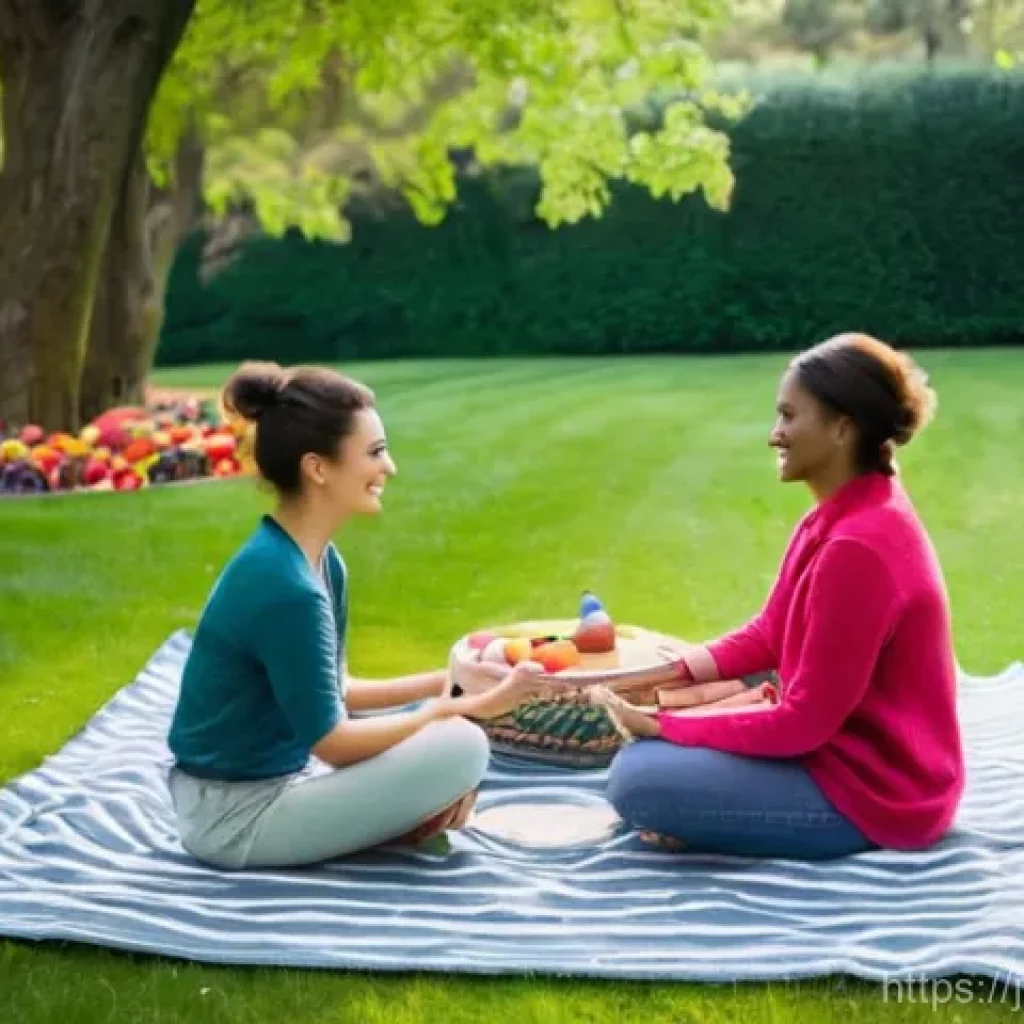 이색피크닉 요가 매트 활용법 - **A Cozy and Inviting Yoga Mat Picnic in a Park:**
A vibrant, sun-drenched scene of an outdoor p...