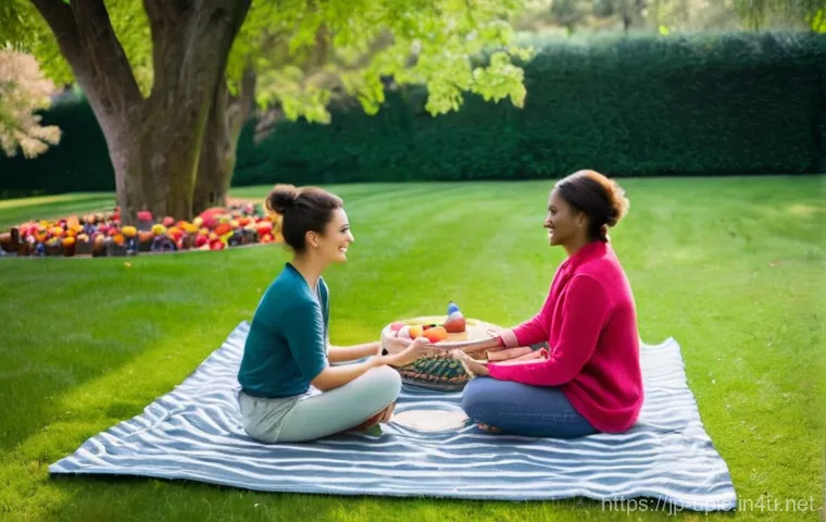 이색피크닉 요가 매트 활용법 - **A Cozy and Inviting Yoga Mat Picnic in a Park:**
    A vibrant, sun-drenched scene of an outdoor p...