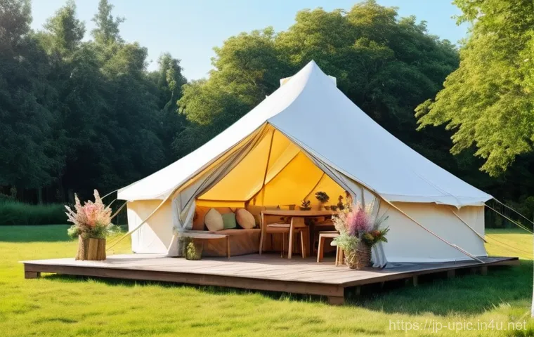 이색피크닉 팝업텐트 활용법 - **Prompt:** A cozy and inviting pop-up tent, reminiscent of a stylish outdoor caf&eacute;, set up in a vibr...