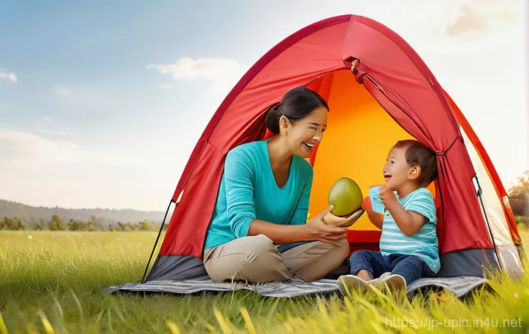 이색피크닉 팝업텐트 활용법 - **Prompt:** A cozy and inviting pop-up tent, reminiscent of a stylish outdoor café, set up in a vibr...