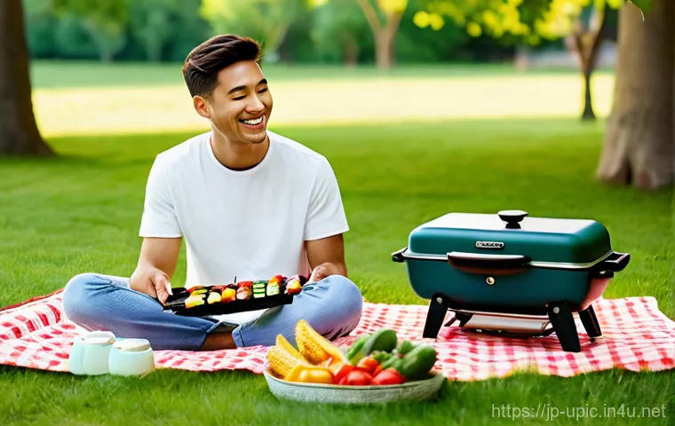 이색피크닉 바베큐 그릴 팁 - **Prompt:** A serene and stylish outdoor picnic scene featuring a compact, lightweight portable gril...