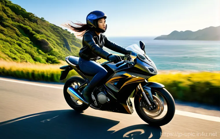 이색피크닉 캠핑 오토바이 여행 - A vibrant, dynamic shot of a young Japanese female rider on a sleek touring motorcycle, gracefully l...