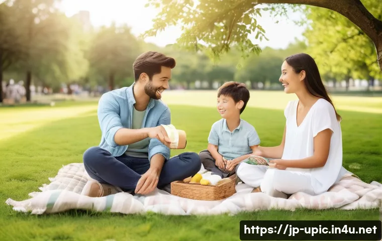 이색피크닉 단체 여행용 피크닉 아이템 - **Prompt: Stylish & Comfortable Picnic Setup**
    "A group of diverse friends in their late 20s to ...