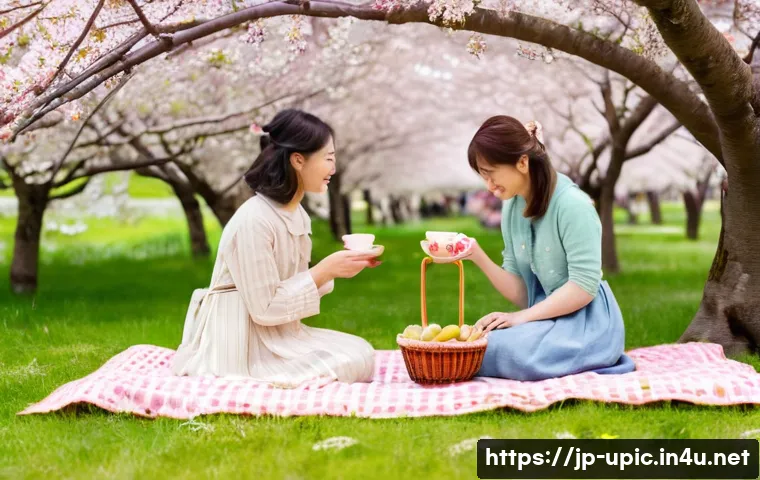 이색피크닉 레트로 피크닉 테마 - **Spring Cherry Blossom Picnic:**
    "A delightful retro picnic scene under a canopy of soft pink c...