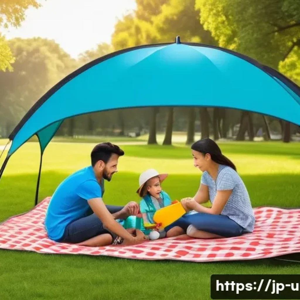 이색피크닉 햇볕 차단 제품 - A vibrant family picnic scene in a sunny park featuring a lightweight, foldable sunshade with colorf...