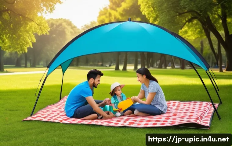 이색피크닉 햇볕 차단 제품 - A vibrant family picnic scene in a sunny park featuring a lightweight, foldable sunshade with colorf...