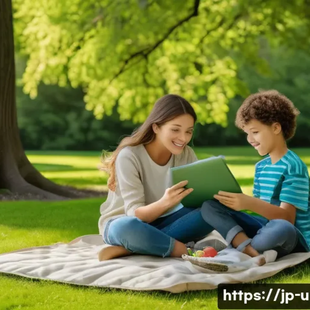 이색피크닉 친환경 돗자리 - A cozy family picnic scene set in a lush green park during spring, featuring an eco-friendly leisure...
