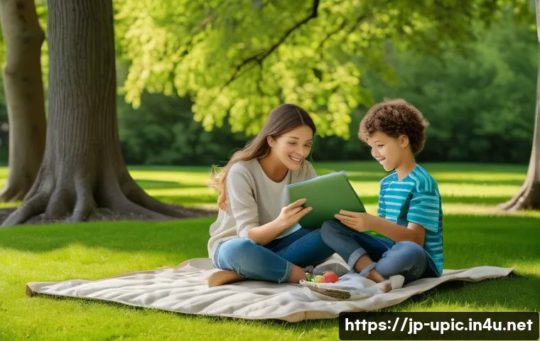 이색피크닉 친환경 돗자리 - A cozy family picnic scene set in a lush green park during spring, featuring an eco-friendly leisure...
