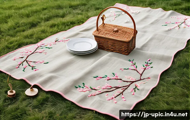 이색피크닉 자수로 만든 피크닉 세트 - A beautifully arranged picnic set featuring delicate hand embroidery with cherry blossom motifs on s...