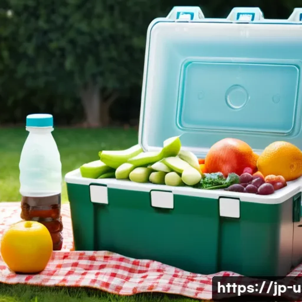이색피크닉 아이스박스 사용법 - A detailed outdoor picnic scene featuring a modern lightweight plastic icebox with a secure double-l...