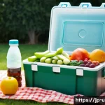 이색피크닉 아이스박스 사용법 - A detailed outdoor picnic scene featuring a modern lightweight plastic icebox with a secure double-l...