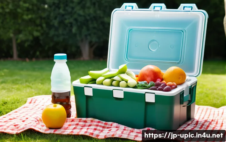 이색피크닉 아이스박스 사용법 - A detailed outdoor picnic scene featuring a modern lightweight plastic icebox with a secure double-l...