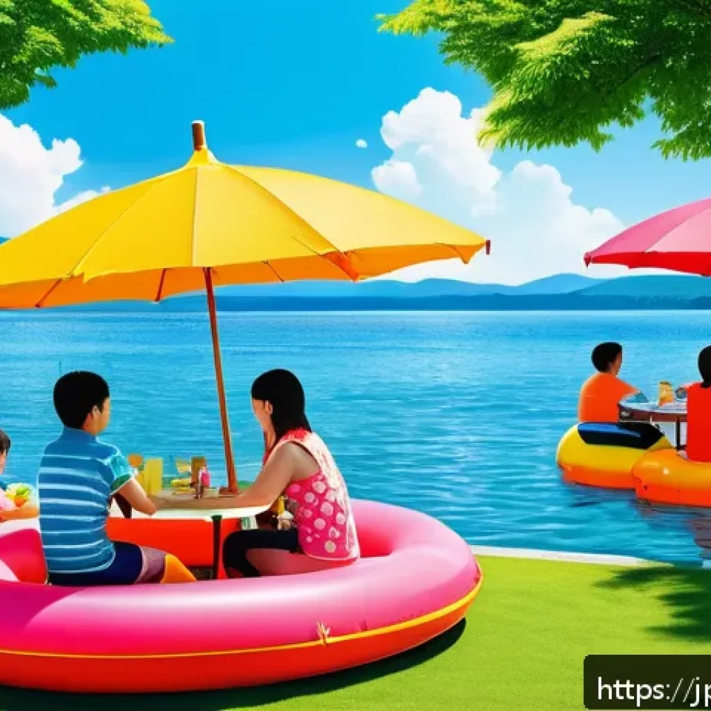 이색피크닉 물놀이와 함께하는 여름 피크닉 - A vibrant summer lakeside scene featuring families and friends enjoying a variety of water activitie...