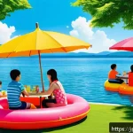 이색피크닉 물놀이와 함께하는 여름 피크닉 - A vibrant summer lakeside scene featuring families and friends enjoying a variety of water activitie...