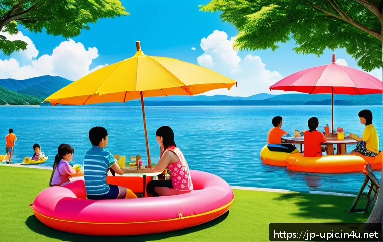 이색피크닉 물놀이와 함께하는 여름 피크닉 - A vibrant summer lakeside scene featuring families and friends enjoying a variety of water activitie...