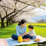 이색피크닉 패밀리 피크닉 - A serene spring picnic scene in a lush Japanese park with blooming cherry blossoms and vibrant yello...