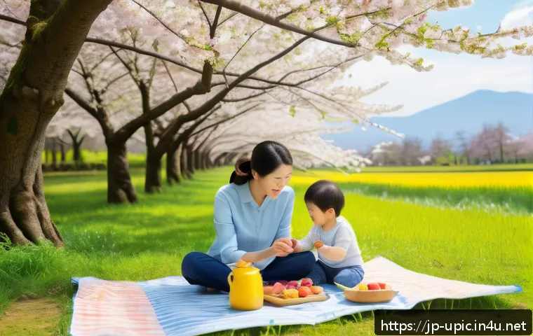 이색피크닉 패밀리 피크닉 - A serene spring picnic scene in a lush Japanese park with blooming cherry blossoms and vibrant yello...