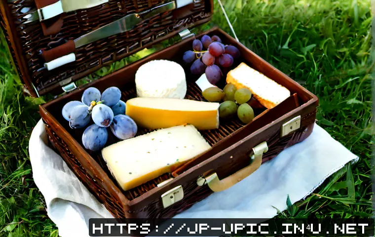 이색피크닉 치즈 플레이트 - Photorealistic overhead view of an unusual picnic cheese plate arranged inside an open vintage wicke...