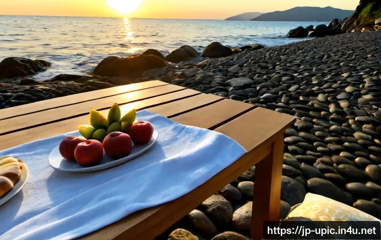 이색피크닉 바다와 함께하는 피크닉 - Photorealistic seaside picnic at sunrise, a low wooden table set on smooth coastal rocks with woven ...
