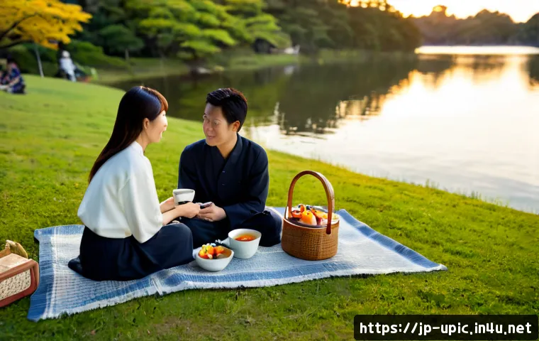 이색피크닉 커플 피크닉 아이템 - Photorealistic Japanese couple enjoying a unique sunset picnic in a quiet lakeside park, seated on a...