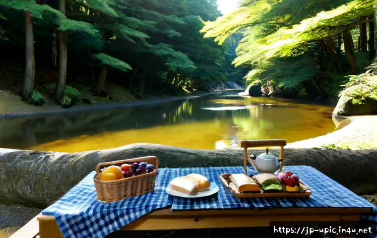 이색피크닉 숲속 소풍 장소 찾기 - Photorealistic tranquil forest picnic spot in Japan, a sun-dappled cedar grove beside a gentle clear...