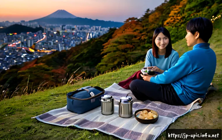 이색피크닉 야경 보는 법 - Photorealistic evening picnic on a quiet Japanese hillside overlooking a glowing city skyline, two a...