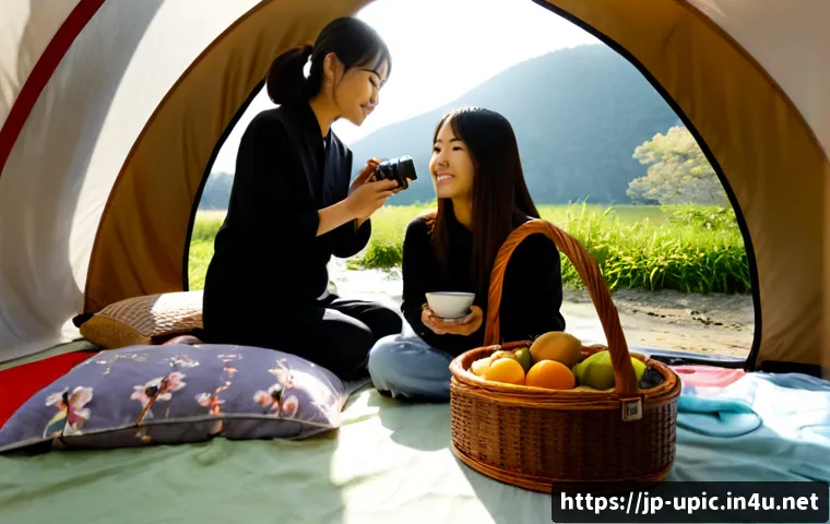 이색피크닉 장소에서 사진 찍기 - Photorealistic young Japanese friends photographing a stylish picnic inside a transparent riverside ...